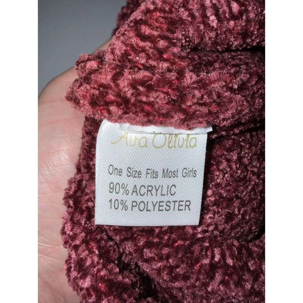 Ava Olivia Girls Chenille Beanie Hat Faux Fur Pom Pom Burgundy Gloves Cold NWT